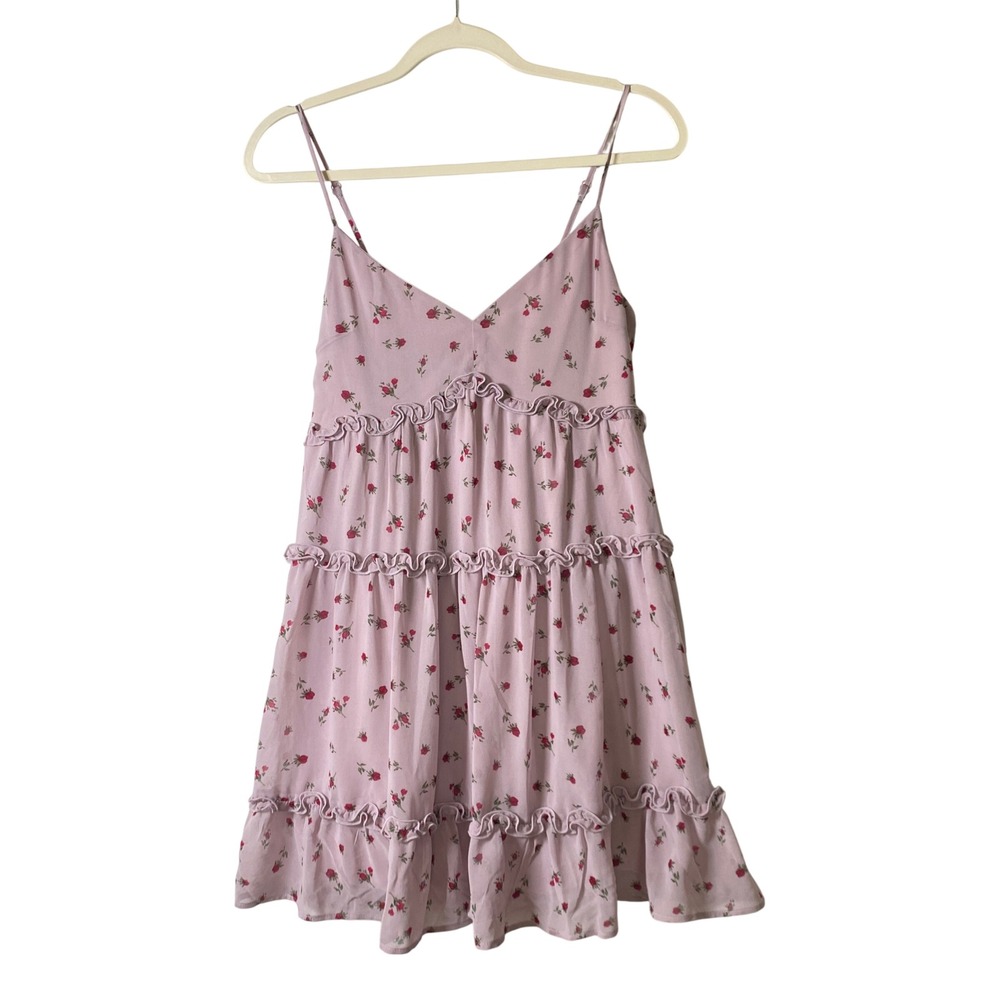 Row A Fairycore Boho Floral Tiered Ruffle Mini Dress Women M Pink Rose Print NWT